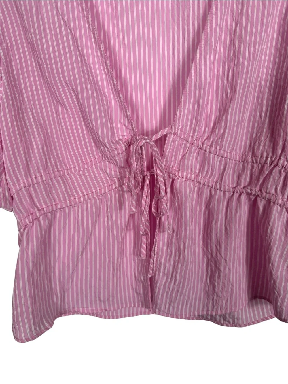 Zara Pink & White Stripe Tie Front Puff Sleeve Blouse, Size Large